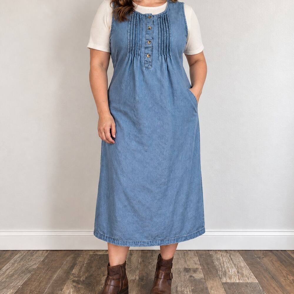Denim Pintuck Jumper Midi Dress Size Large Cotton Pockets Tie Back Cottagecore